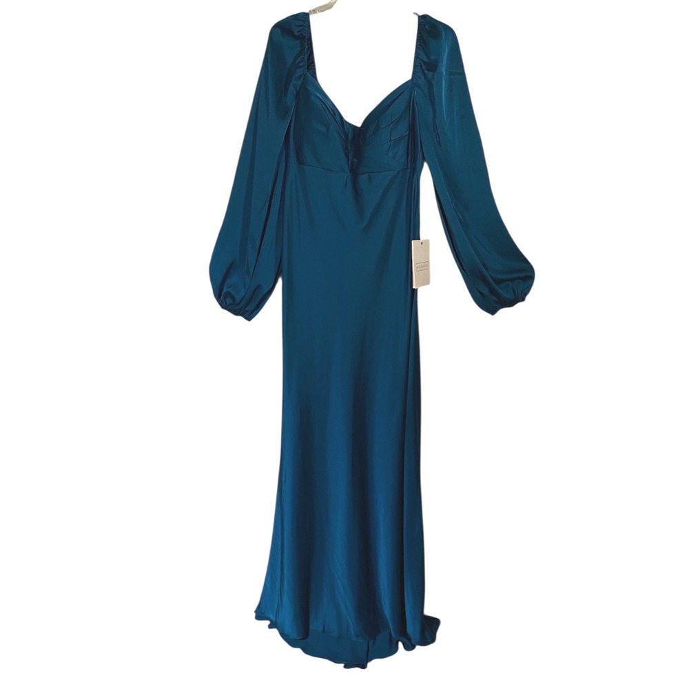 NWT $398 MAC DUGGAL Teal Satin Sweetheart Neck Long Sleeve Maxi Dress Sz 12‎
